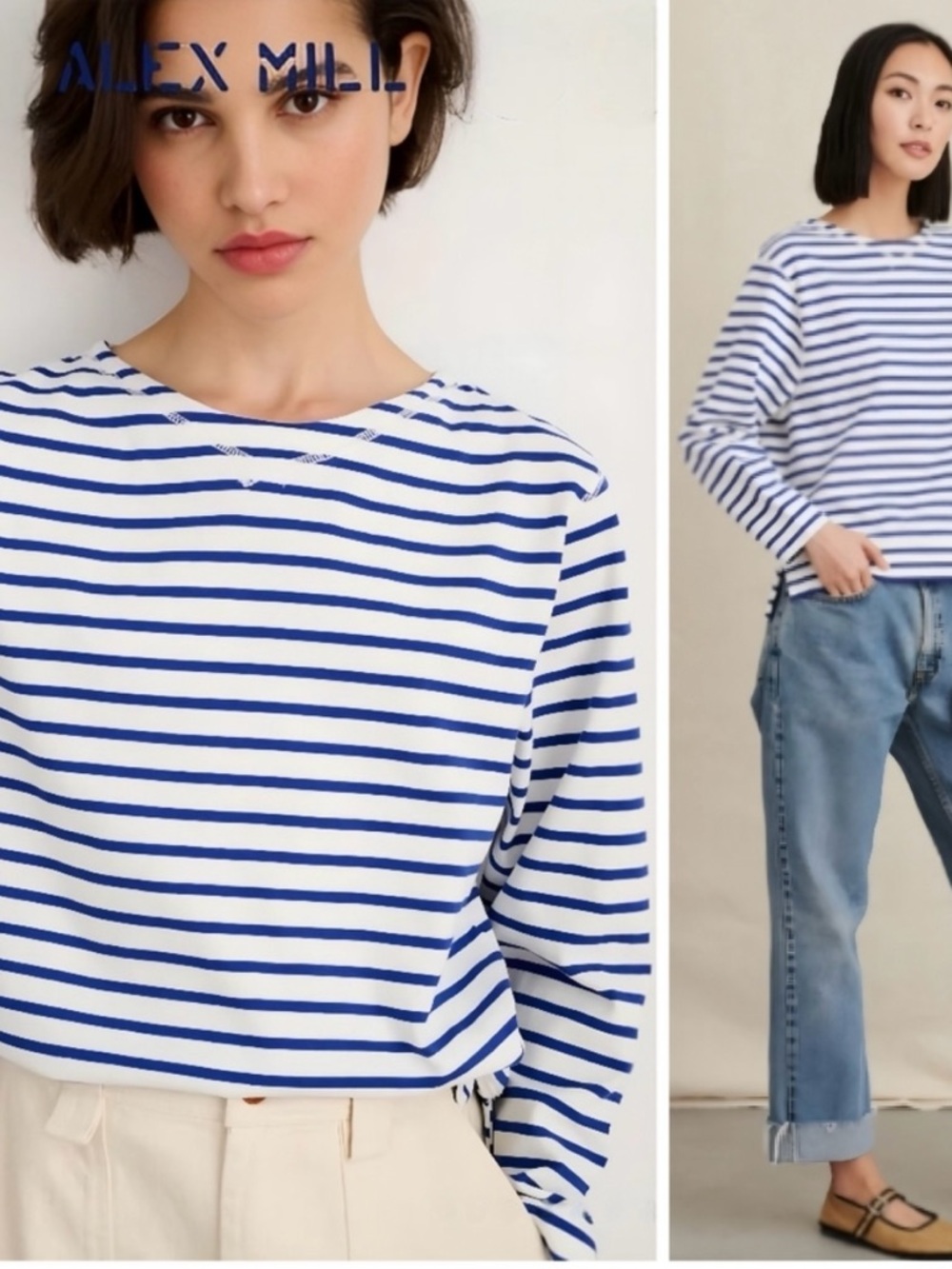 Alex Mill Women's Blue & White Striped Long-Sleeve Tee | Size Medium